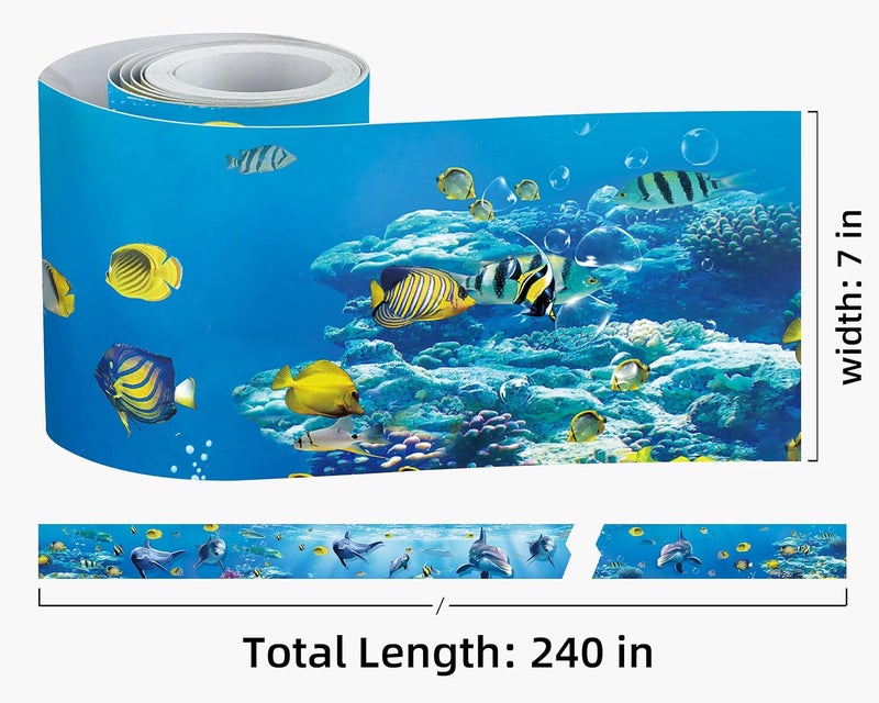 FLFK Peel and Stick Wallpaper Border Wall Decals for Kids Room - Under The Sea Fish Stickers Murals, 7" x 240" (Blue) - Image 2